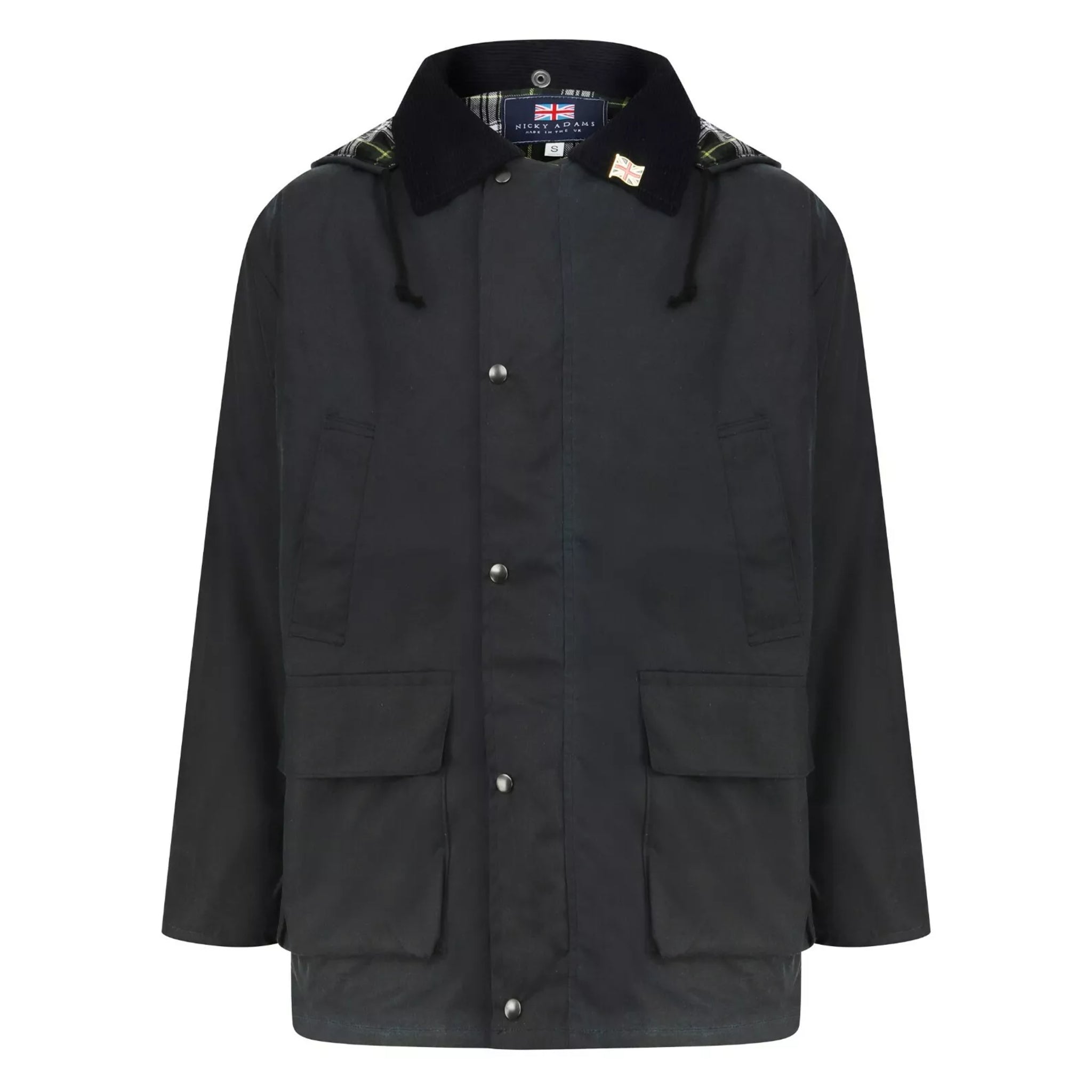 Men's Nicky Adams classic wax jacket in navy with corduroy collar, front pockets and water-resistant finish